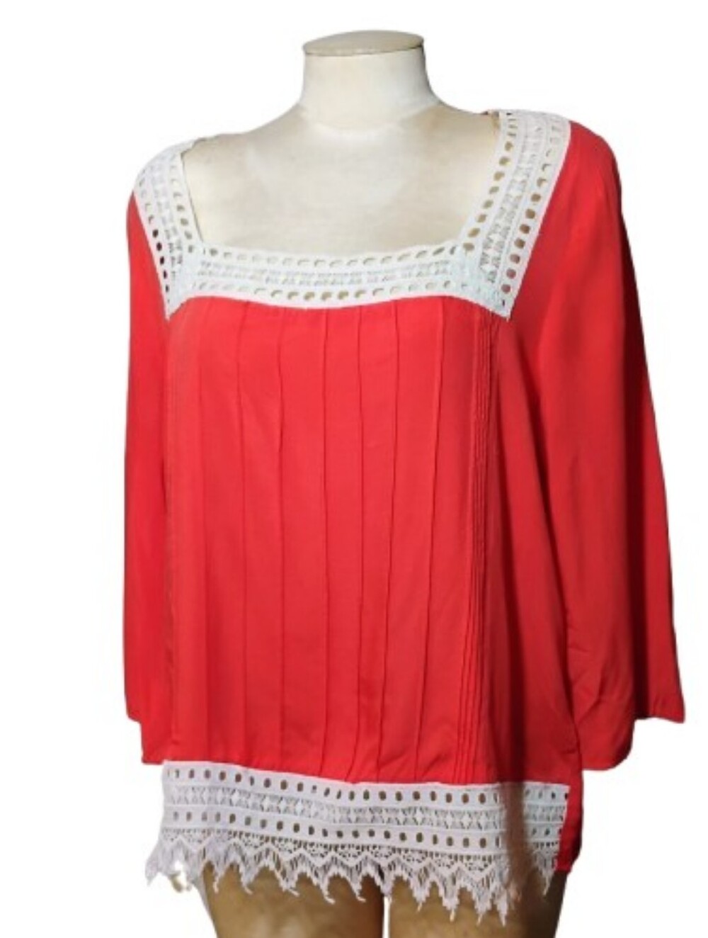 Umgee Coral Red Lace Trim Blouse Size L Boho Peasant Top Pintuck Crochet